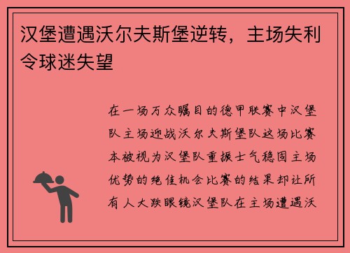 汉堡遭遇沃尔夫斯堡逆转，主场失利令球迷失望
