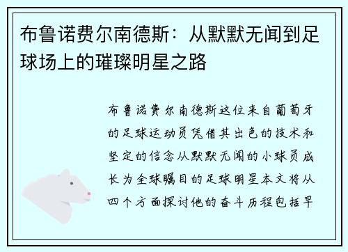 布鲁诺费尔南德斯：从默默无闻到足球场上的璀璨明星之路